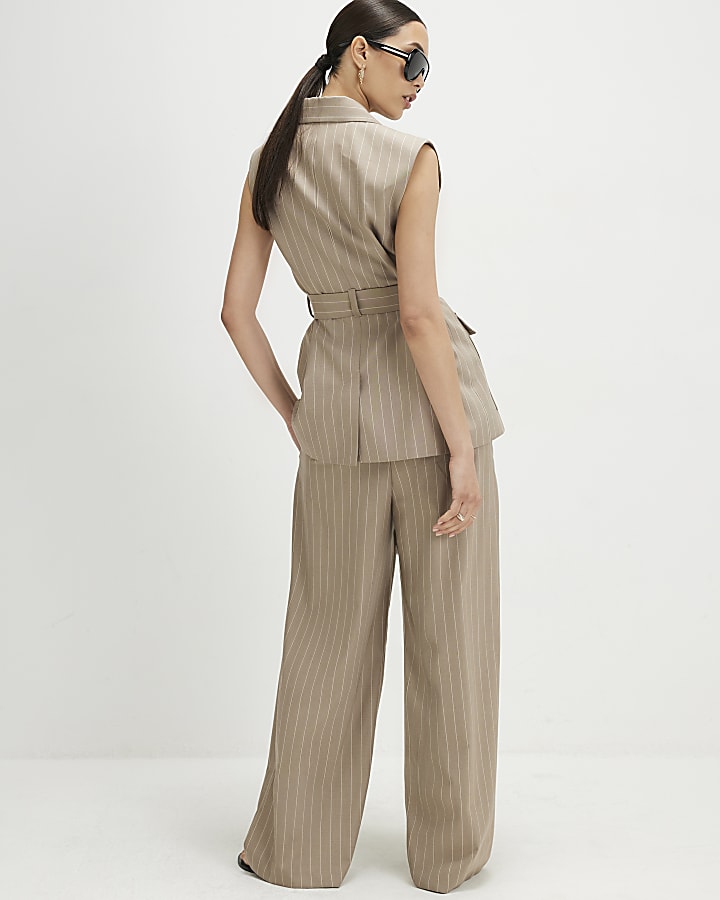 Beige Stripe Wide Leg Trousers