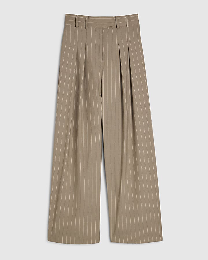 Beige Stripe Wide Leg Trousers