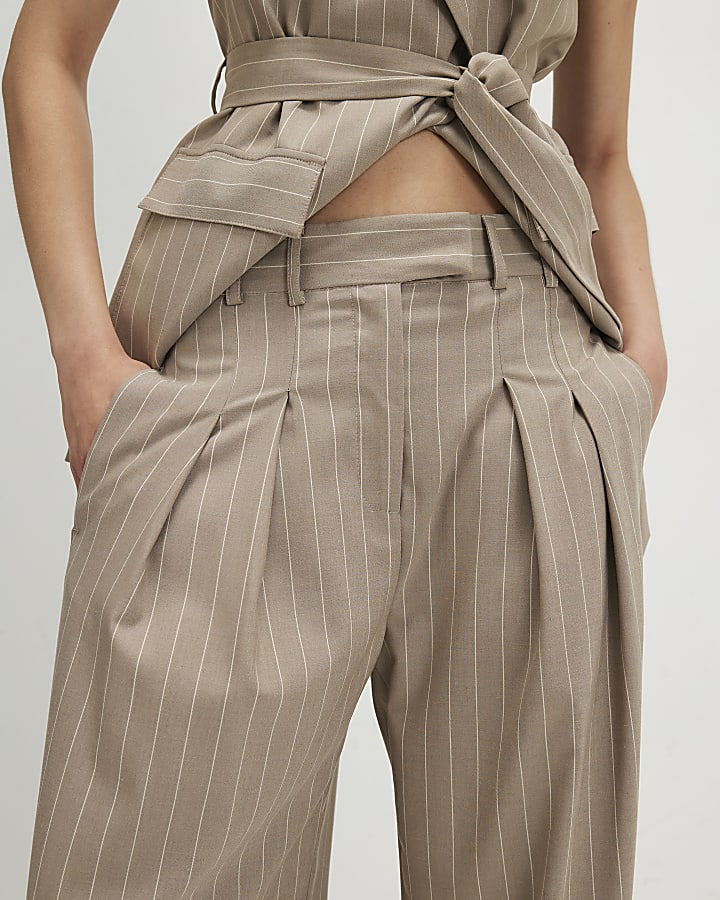 Beige Stripe Wide Leg Trousers