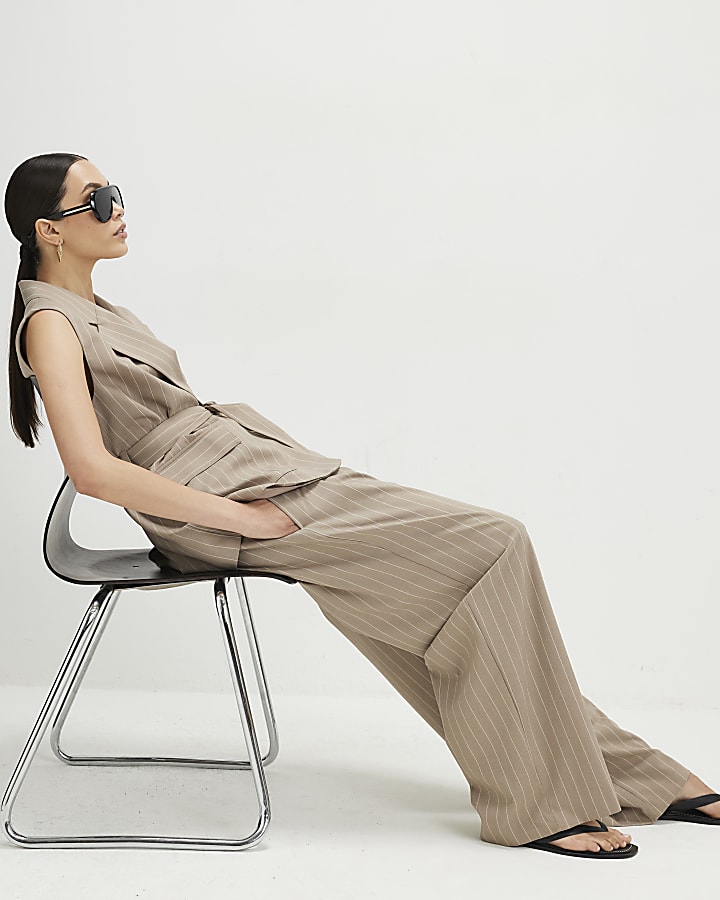 Beige Stripe Wide Leg Trousers