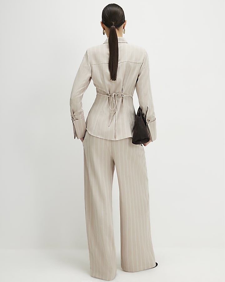 Beige Stripe Wide Leg Trousers