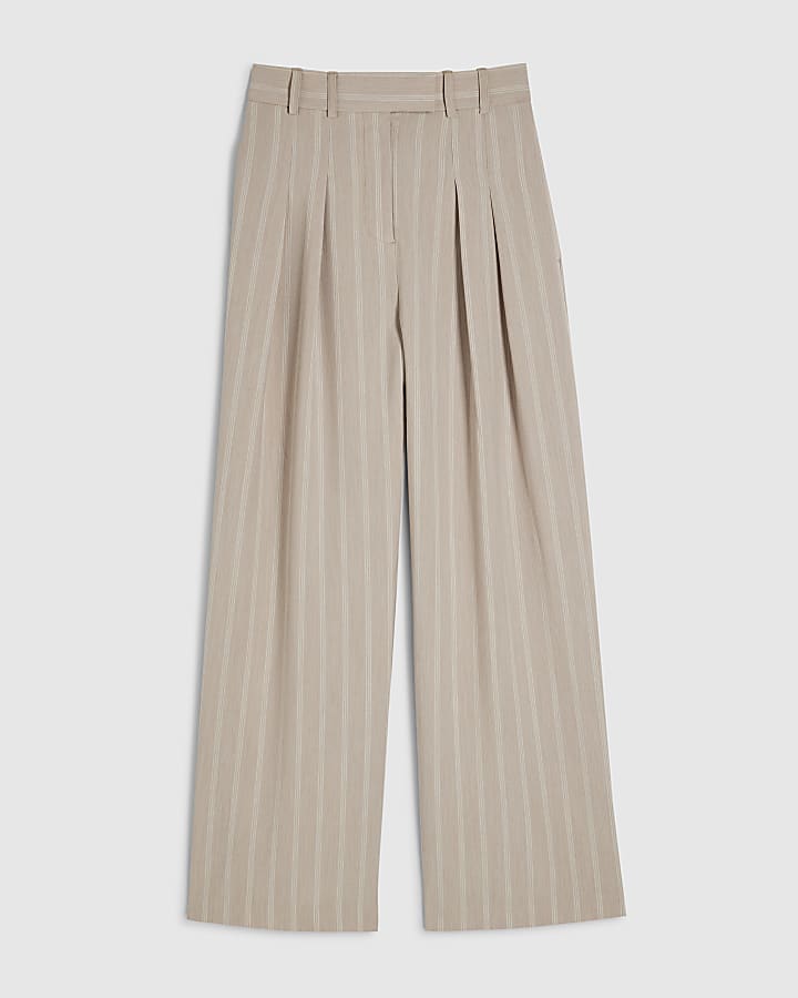 Beige Stripe Wide Leg Trousers