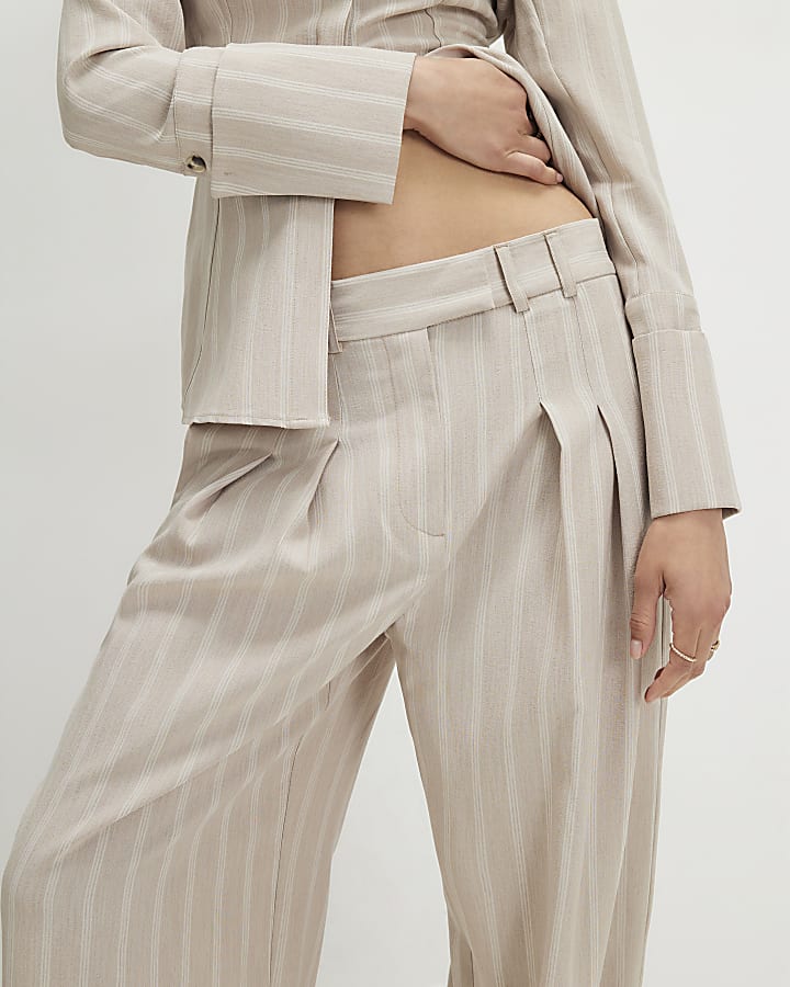 Beige Stripe Wide Leg Trousers