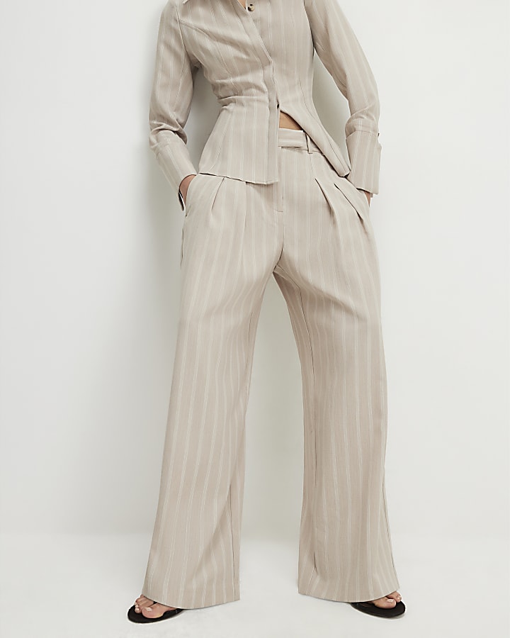 Beige Stripe Wide Leg Trousers