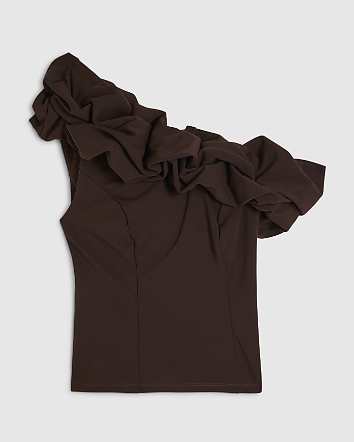 Brown Ruffled One Shoulder Top