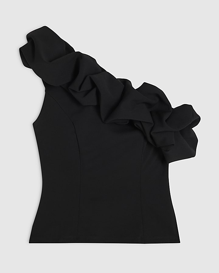 Black Ruffled One Shoulder Top