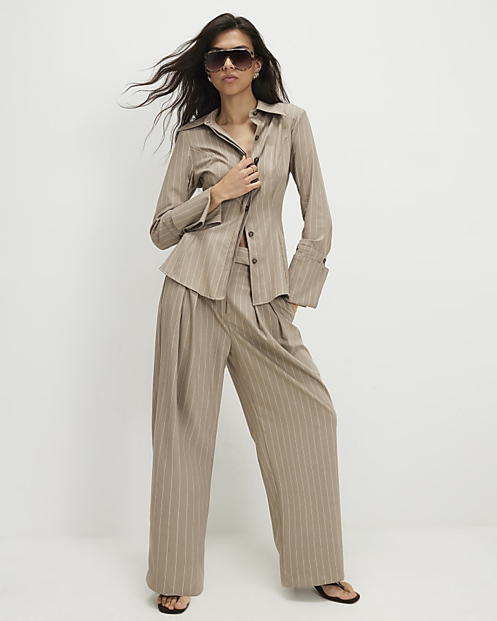 Beige Stripe Long Sleeve Tie Back Shirt