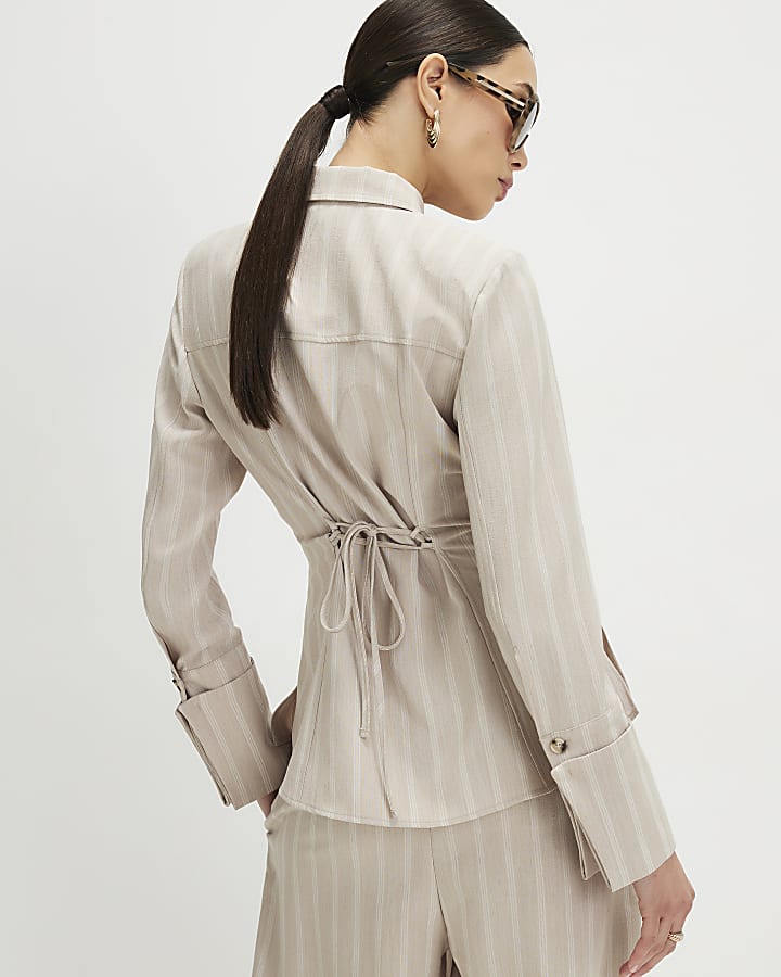 Beige Striped Tie Back Shirt