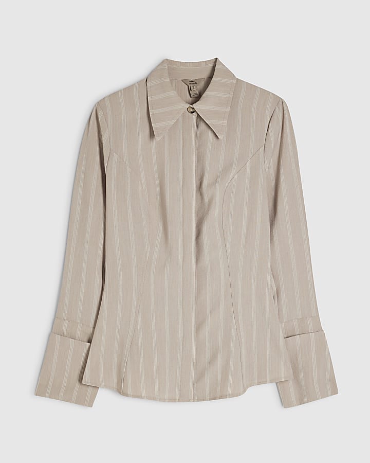 Beige Striped Tie Back Shirt