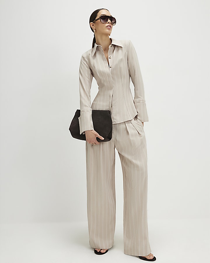 Beige Striped Tie Back Shirt