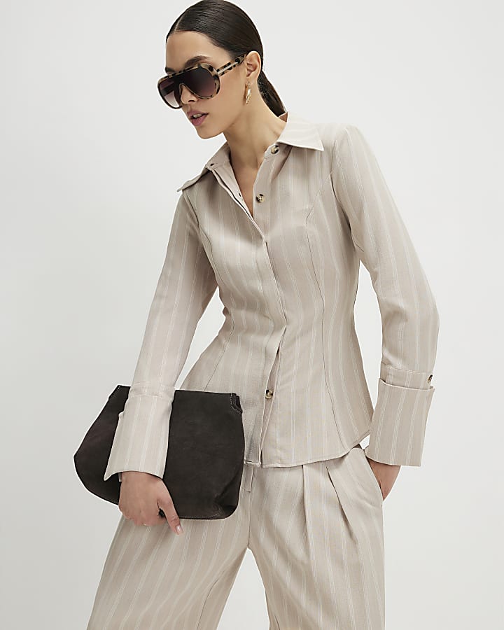 Beige Striped Tie Back Shirt