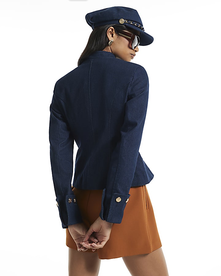 Blue Denim High Neck Military Jacket