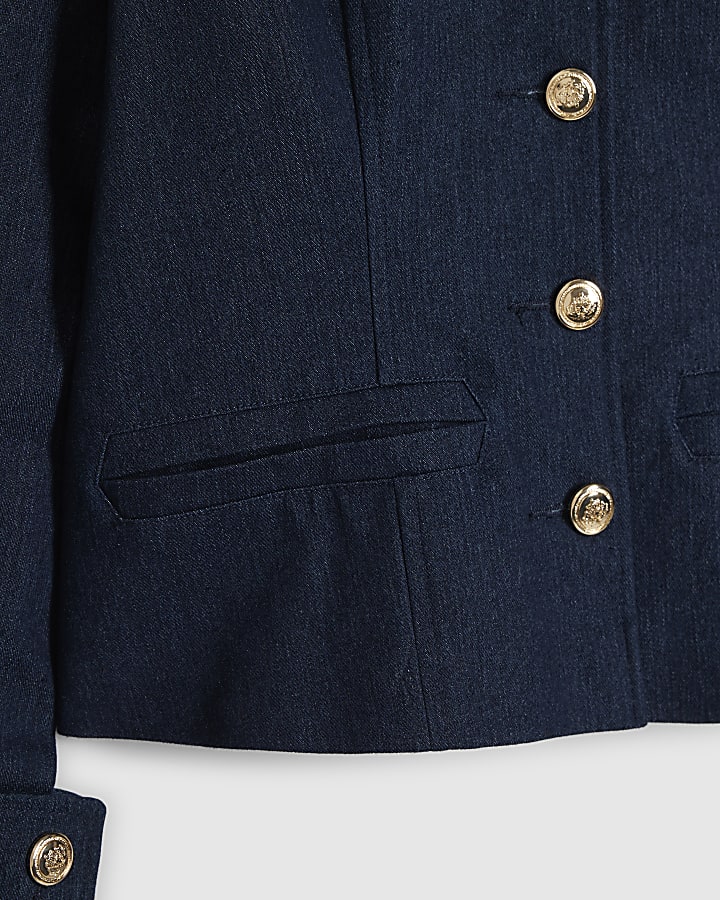 Blue Denim High Neck Military Jacket