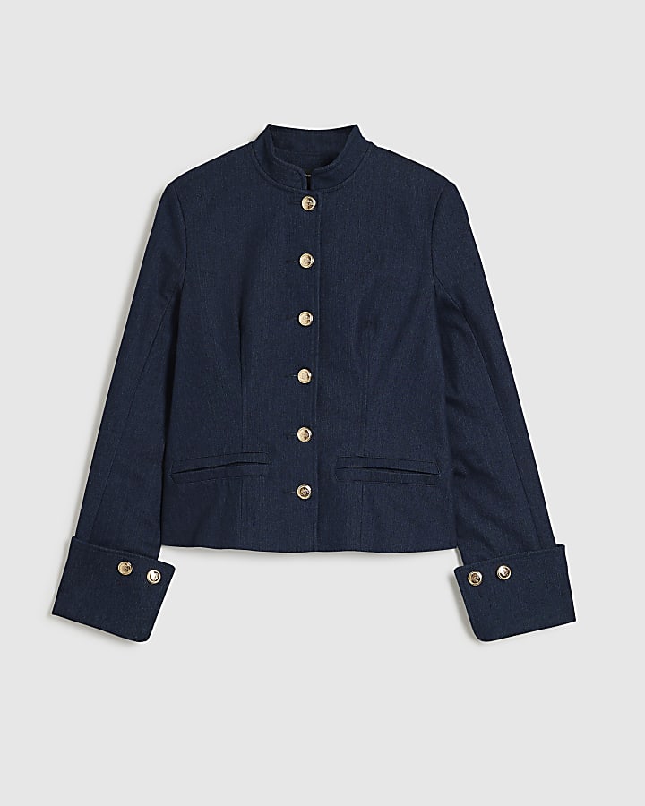 Blue Denim High Neck Military Jacket