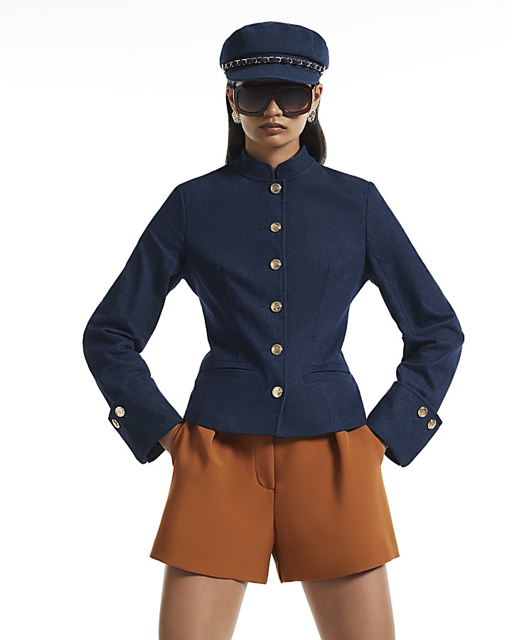 Blue Denim High Neck Military Jacket