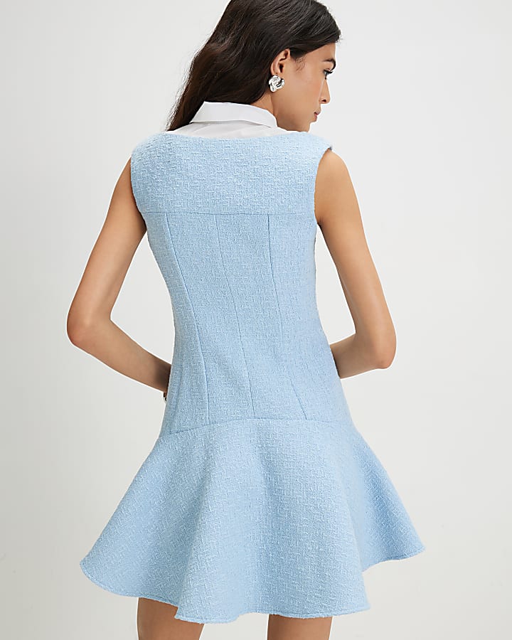 Blue Boucle Collared Mini Dress
