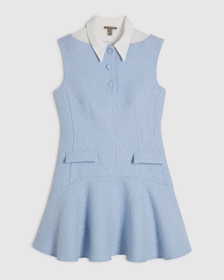 Blue Boucle Collared Mini Dress