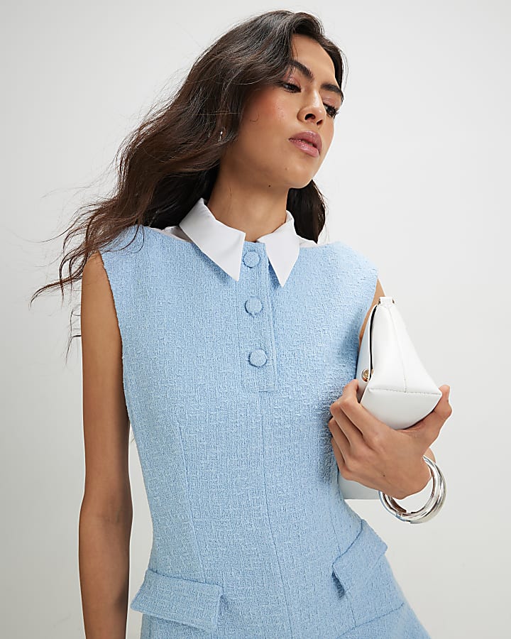 Blue Boucle Collared Mini Dress