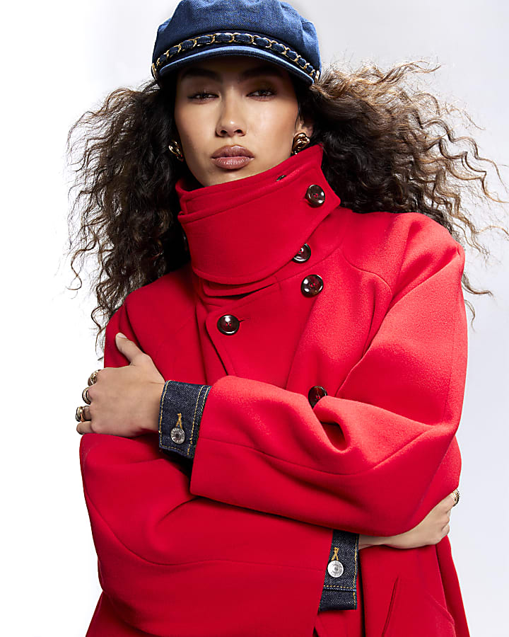 Red Funnel Neck Robe Coat