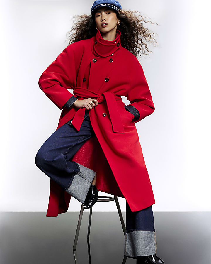 Red Funnel Neck Robe Coat