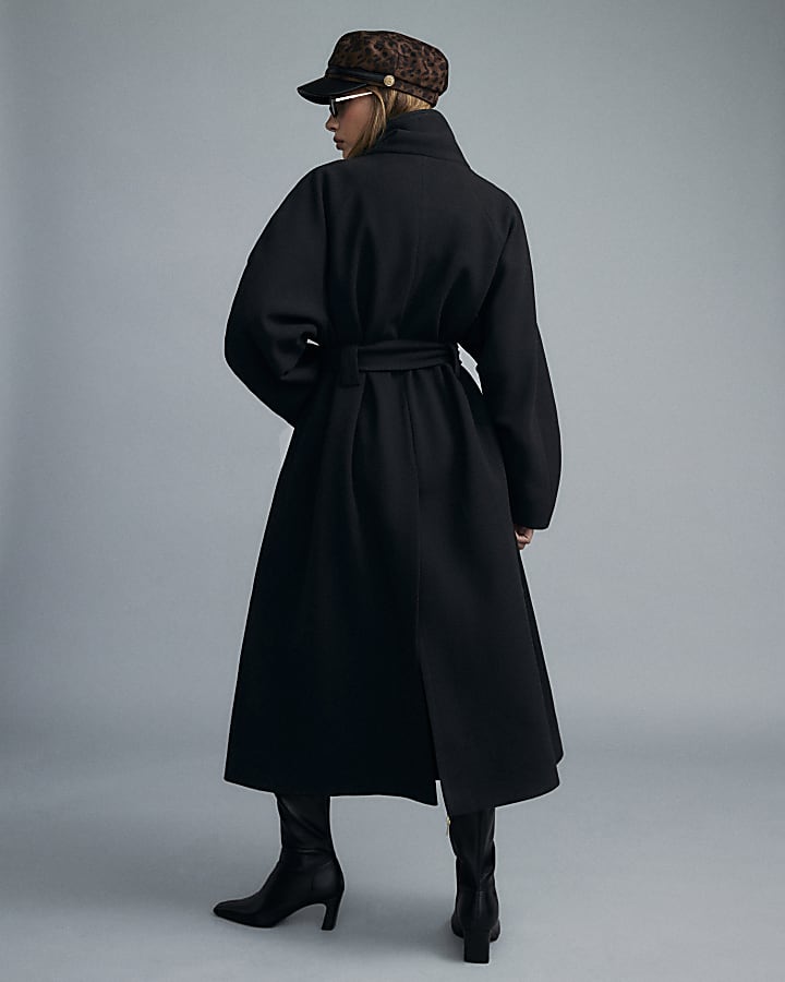 Black Funnel Neck Robe Coat