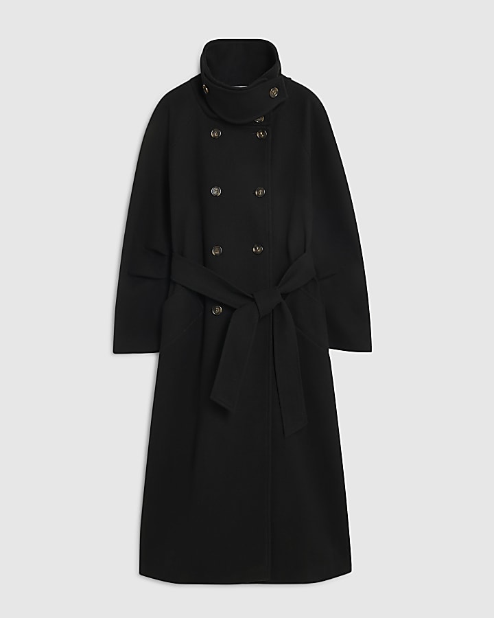 Black Funnel Neck Robe Coat