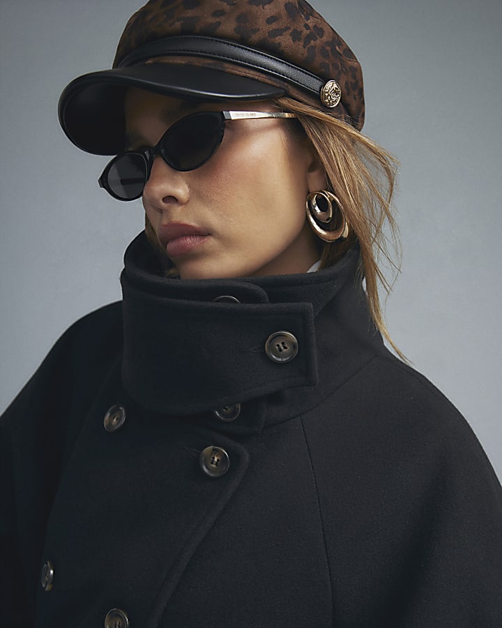 Black Funnel Neck Robe Coat