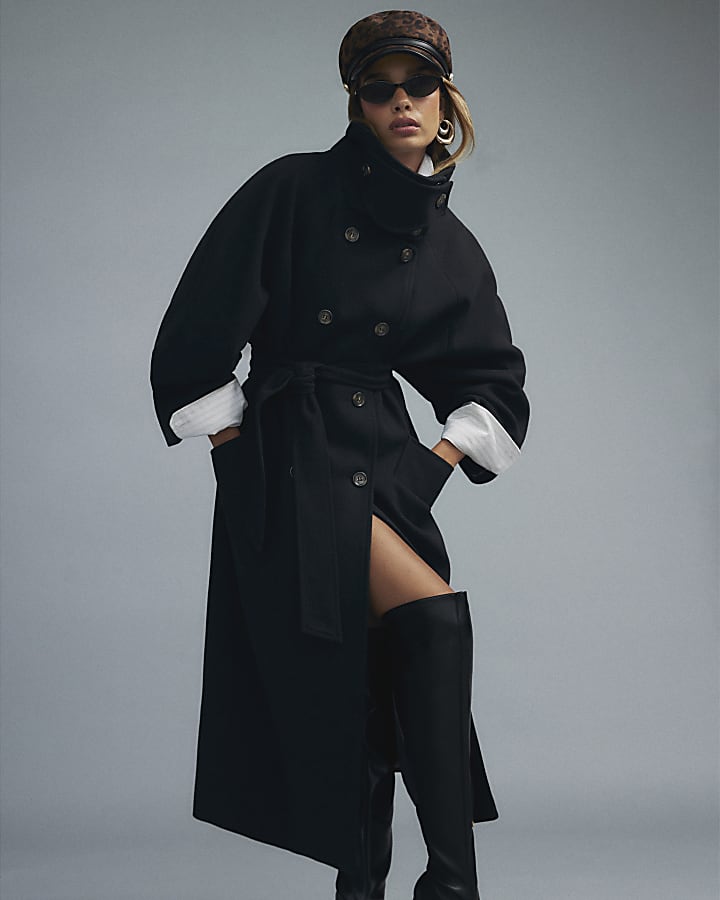 Black Funnel Neck Robe Coat