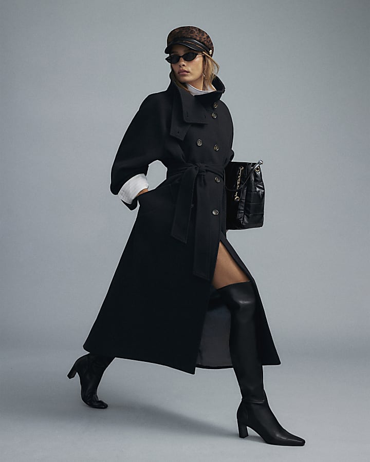 Black Funnel Neck Robe Coat