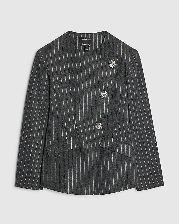 Grey Asymmetric Placket Pinstripe Blazer