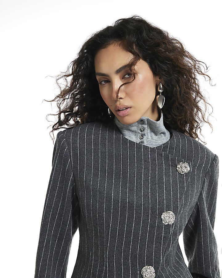 Grey Asymmetric Placket Pinstripe Blazer