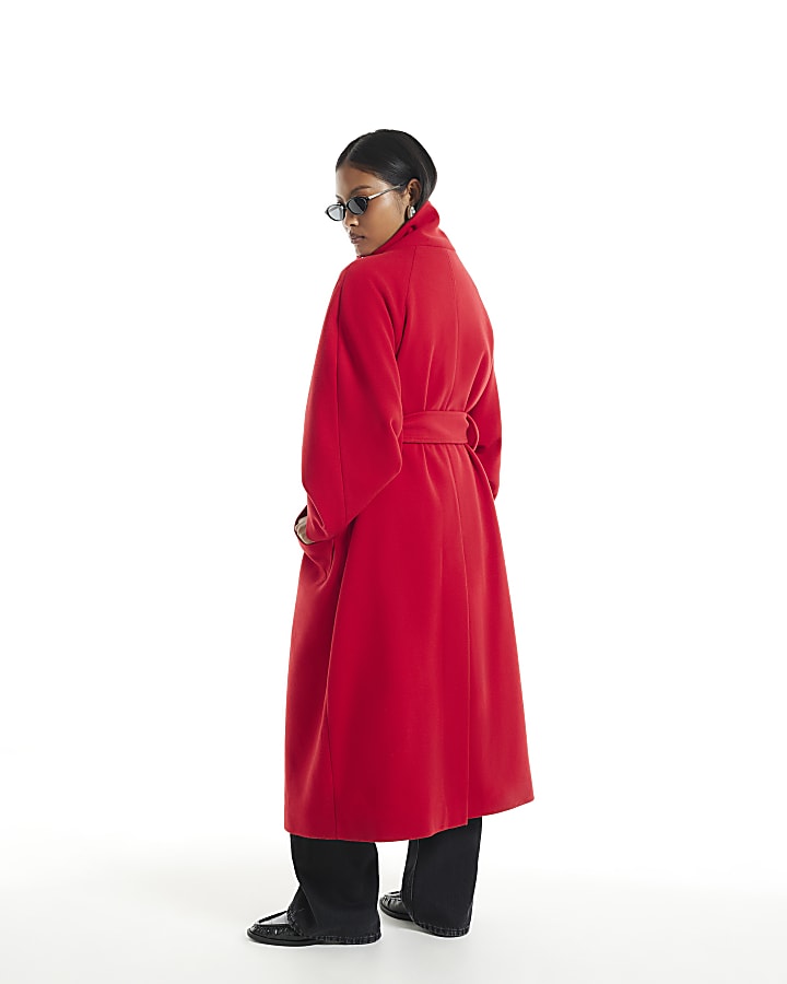 Petite Red Funnel Neck Robe Coat