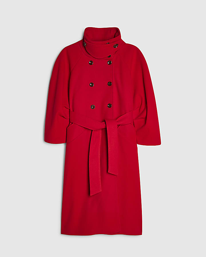 Petite Red Funnel Neck Robe Coat