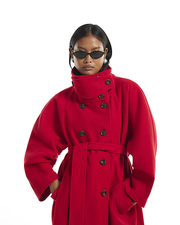 Petite Red Funnel Neck Robe Coat