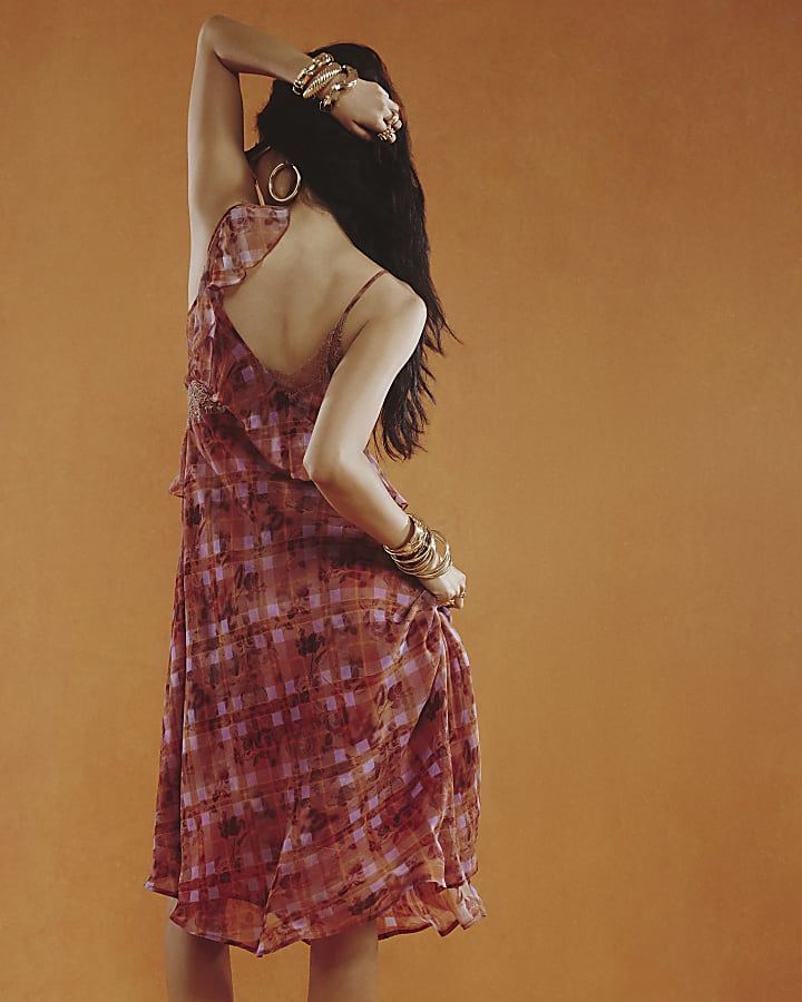 Red Check Asymmetric Midi Dress