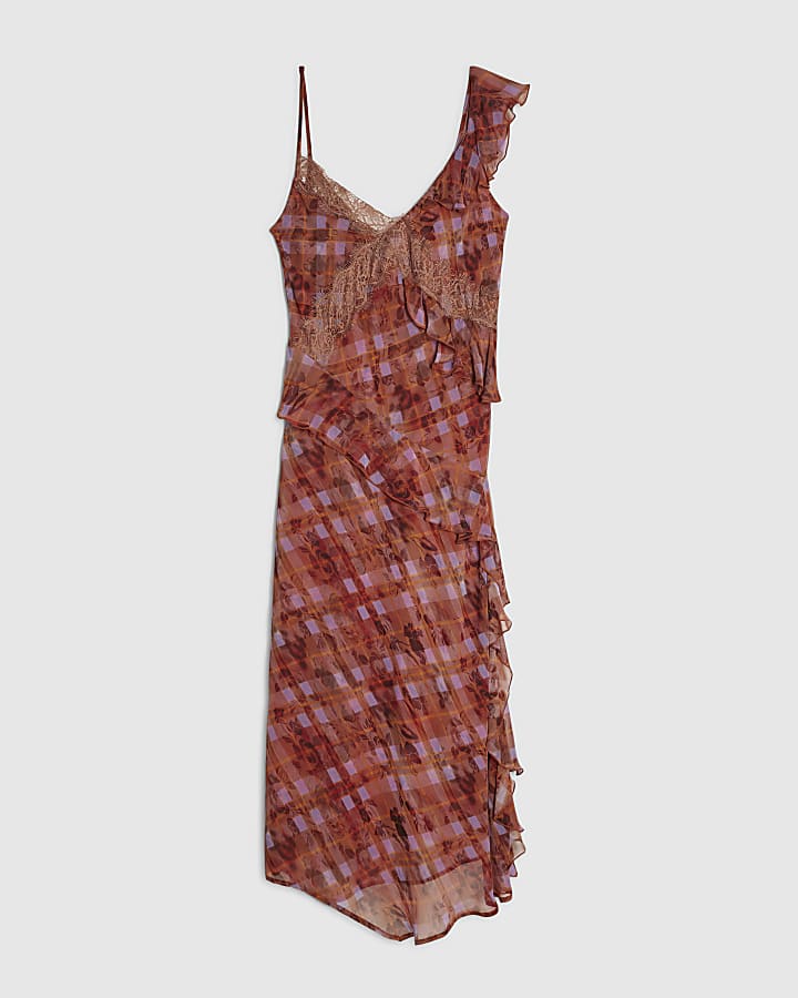Red Check Asymmetric Midi Dress