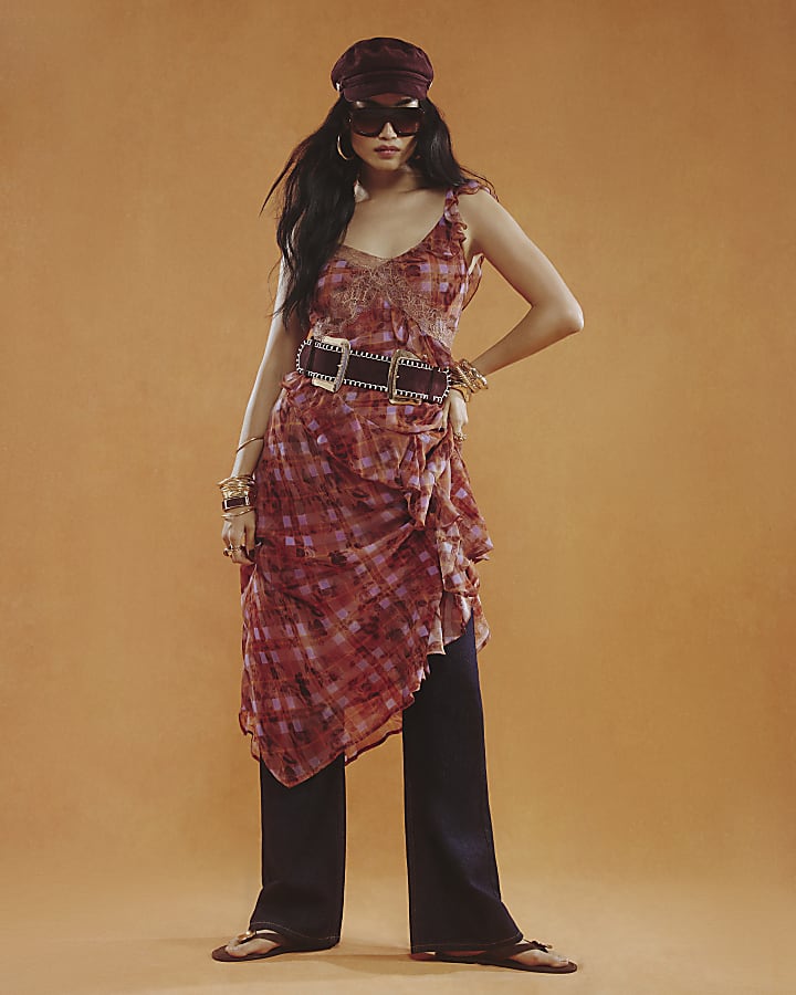 Red Check Asymmetric Midi Dress