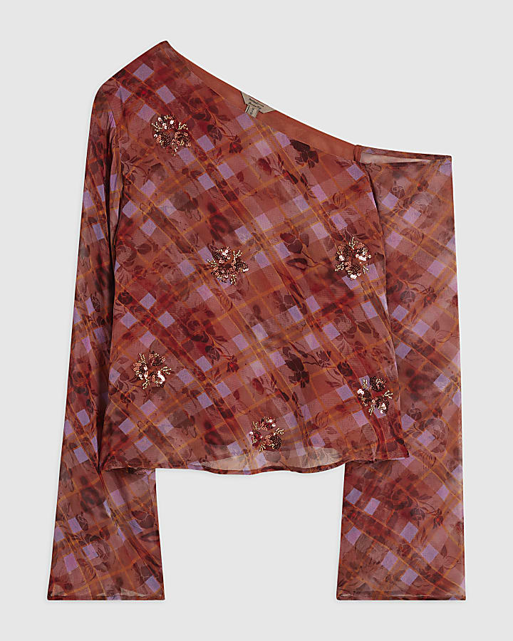 Red Check Embellished Asymmetric Top