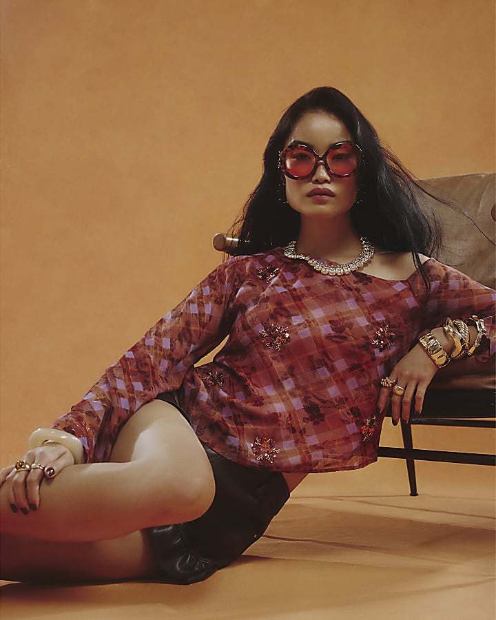 Red Check Embellished Asymmetric Top