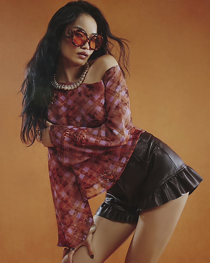 Red Check Embellished Asymmetric Top