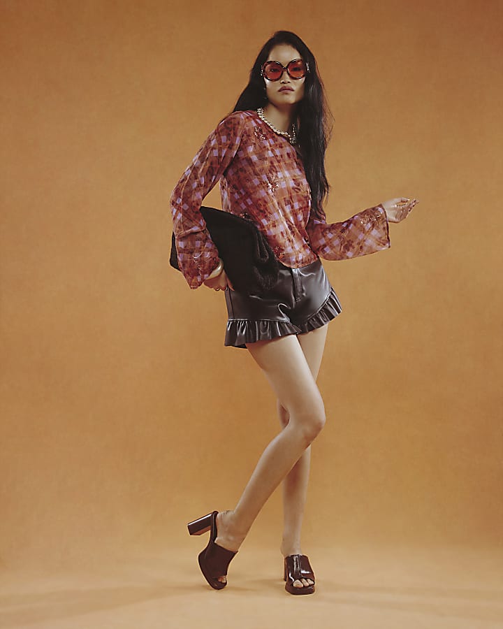 Red Check Embellished Asymmetric Top
