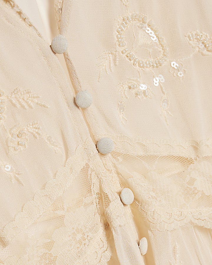 Cream Lace Embellished Button Midi Dress