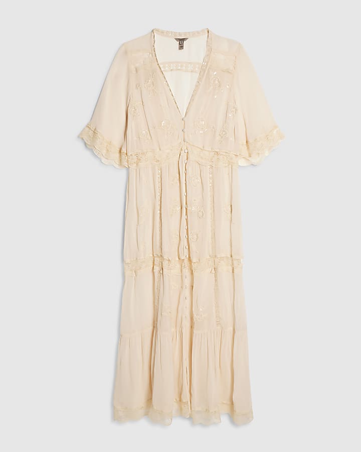 Cream Lace Embellished Button Midi Dress