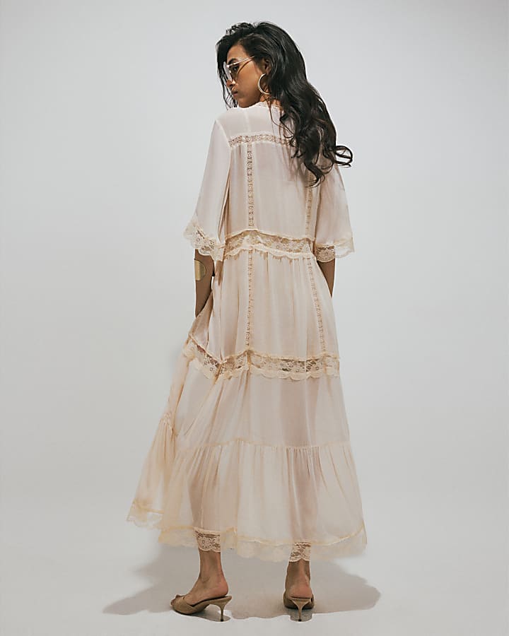 Cream Lace Embellished Button Midi Dress