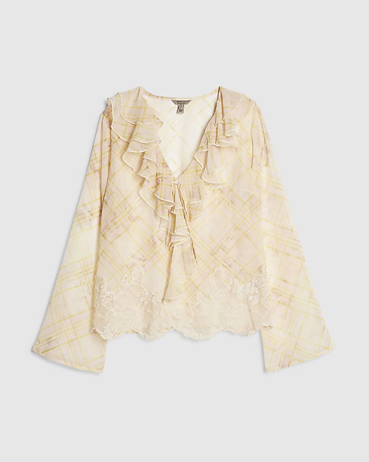 Cream Ruffle Soft Check Blouse