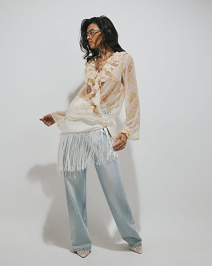 Cream Ruffle Soft Check Blouse