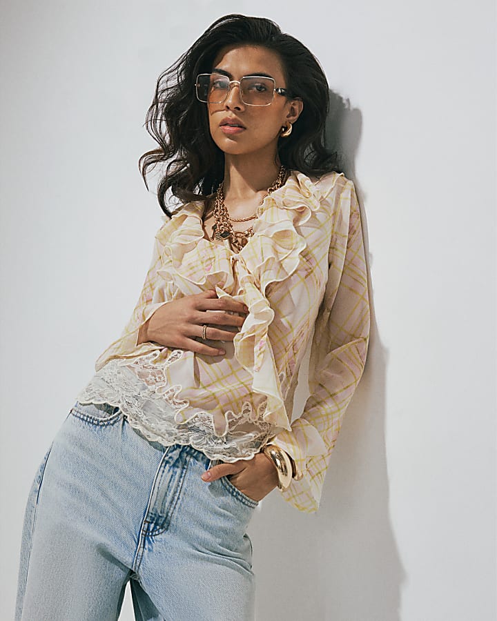 Cream Ruffle Soft Check Blouse