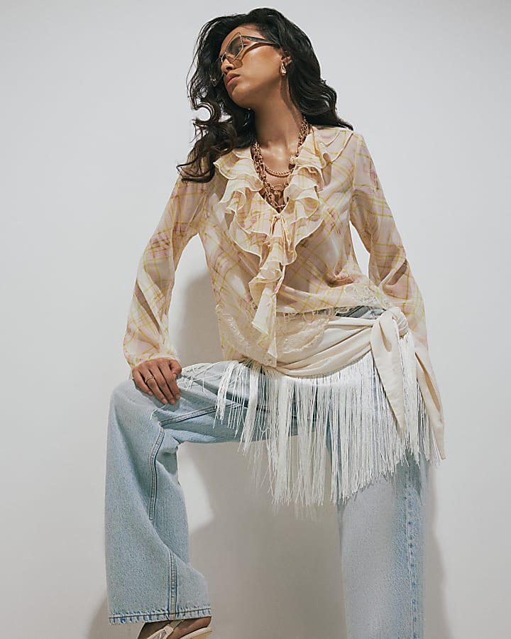 Cream Ruffle Soft Check Blouse