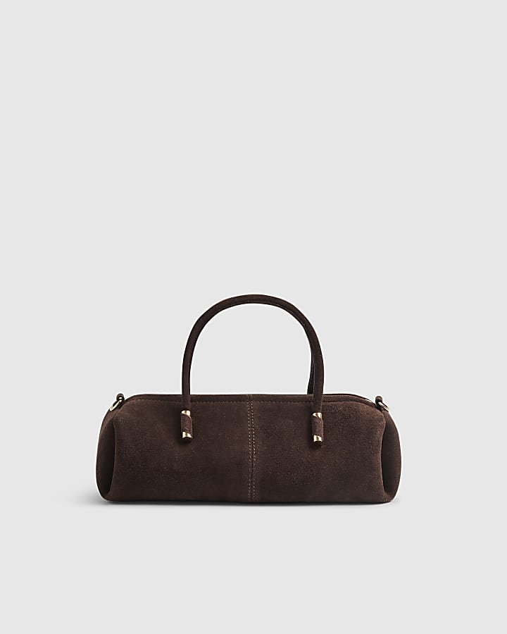 Brown Suede Metal Detail Bowler Bag