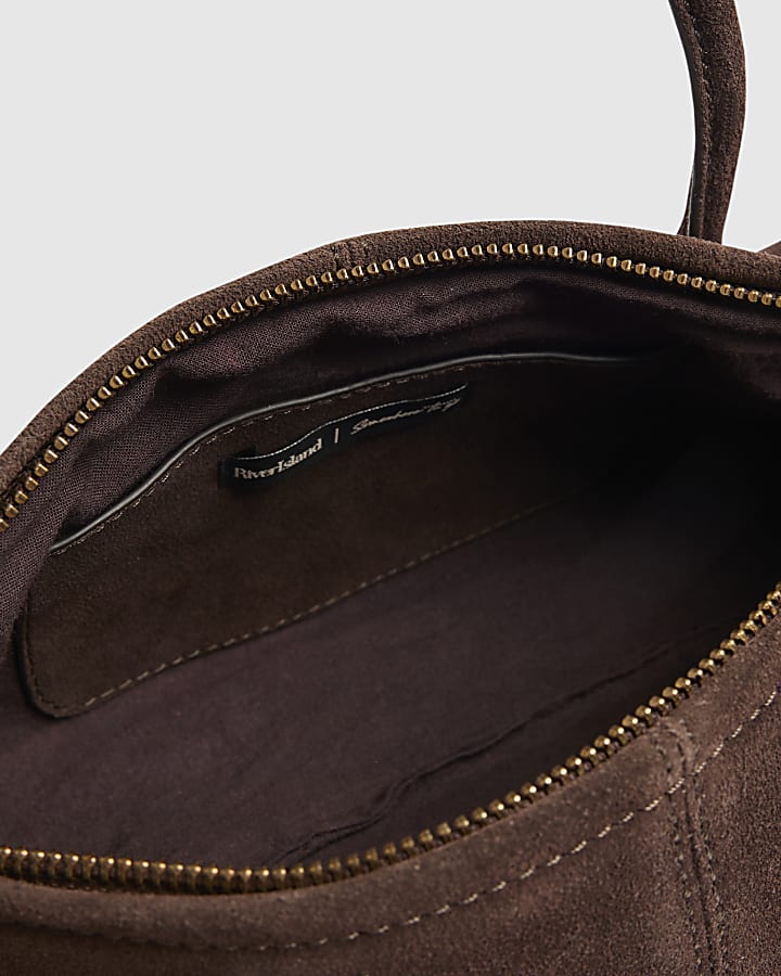 Brown Suede Metal Detail Bowler Bag